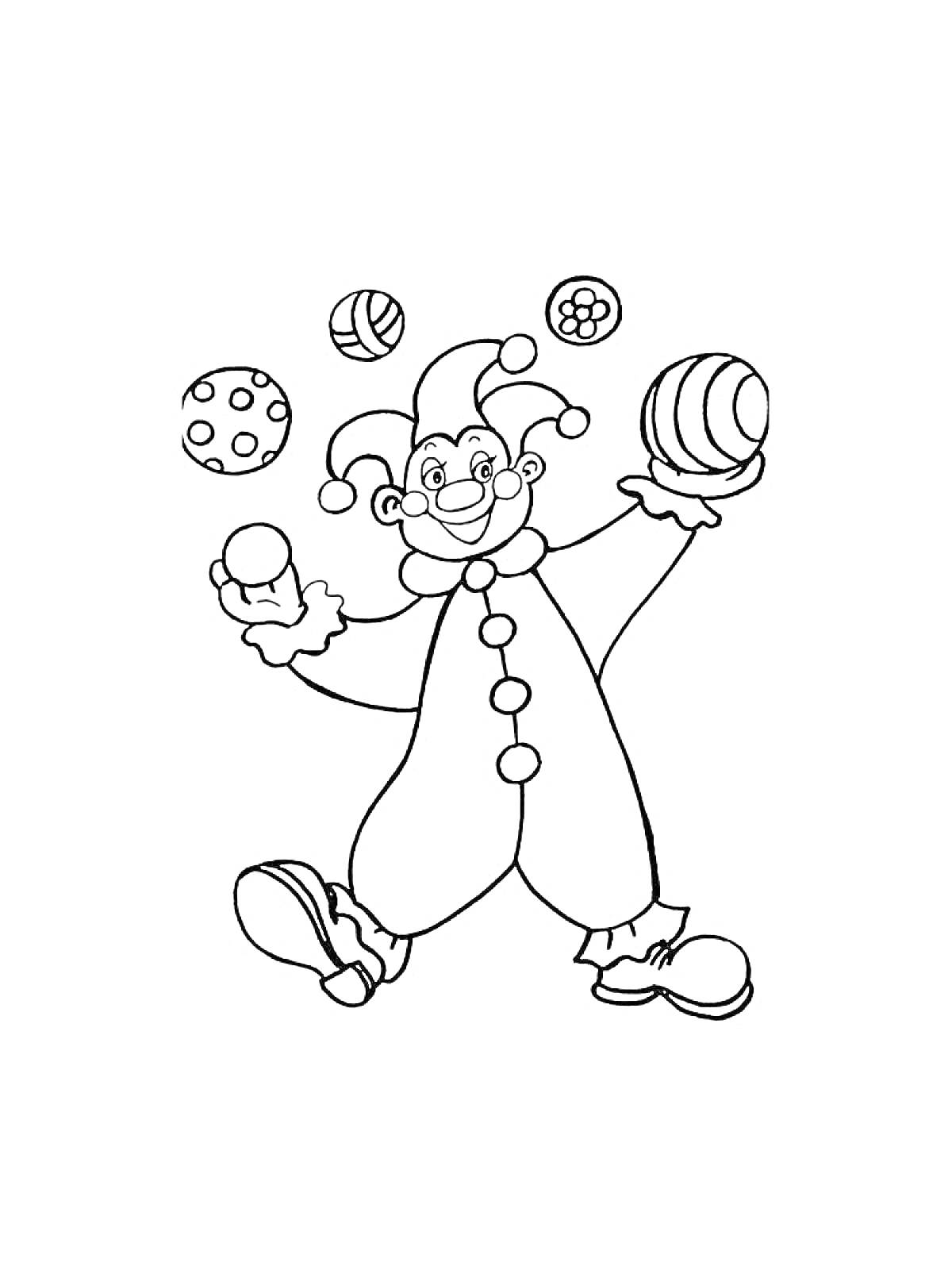 На раскраске изображено: Жонглирование, Мячи, Цирк, Детское творчество, Костюм, Представление, Клоуны