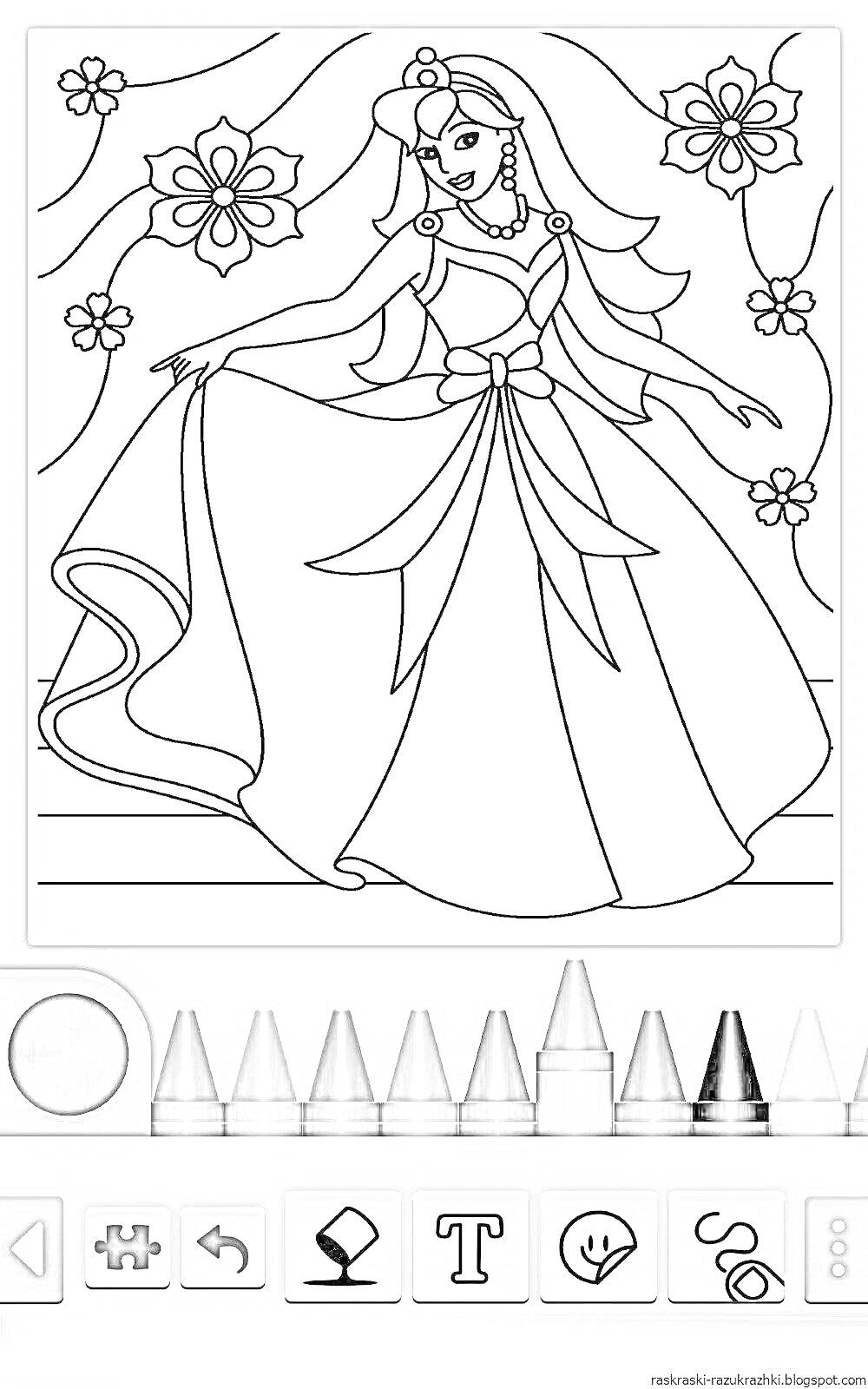 Раскраска Принцесса с цветами на заднем фоне