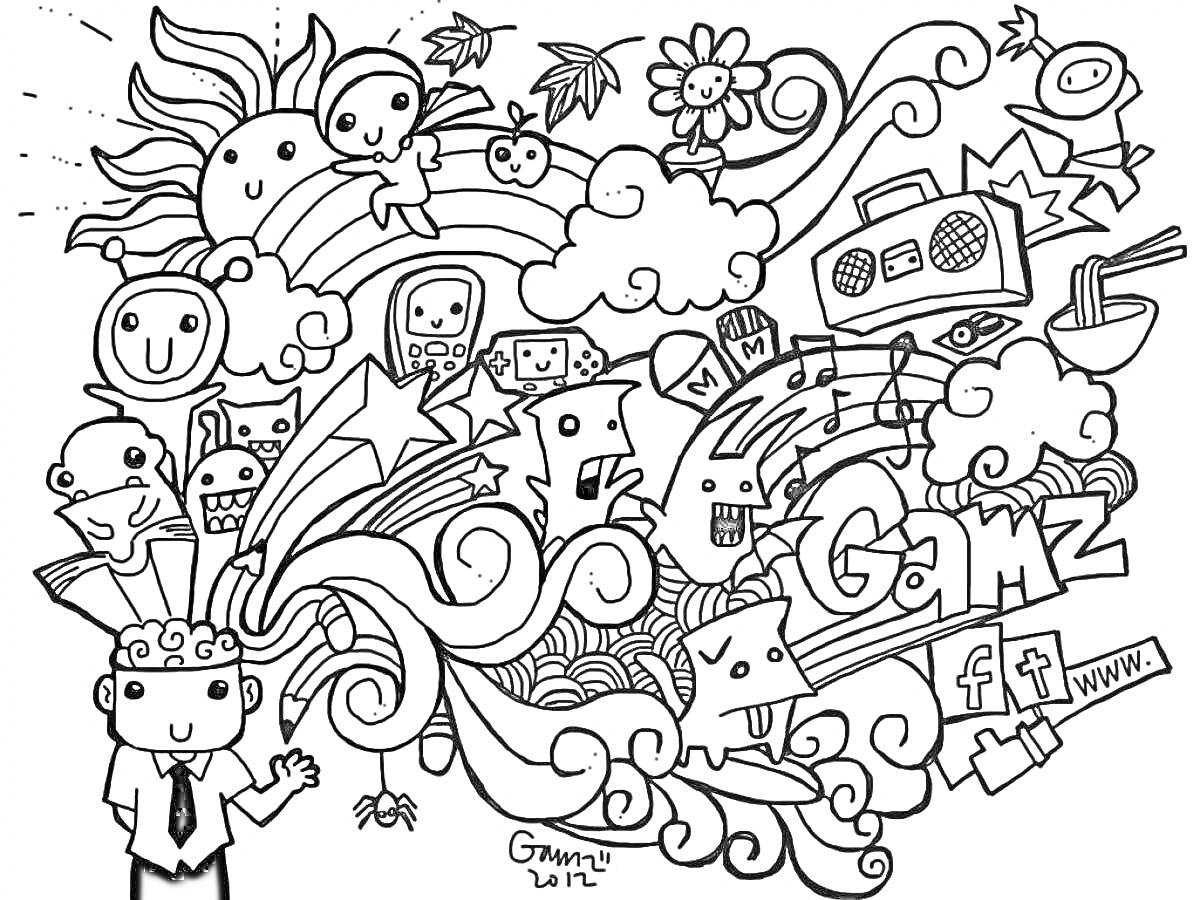 На раскраске изображено: Облака, Солнце, Лапша, Звезды, Музыкальные ноты, Забавные лица, Волны, Цветы, Радуги