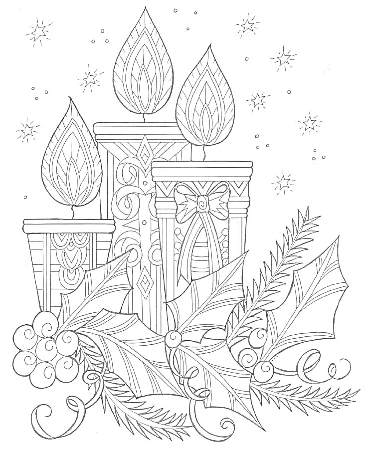 На раскраске изображено: Рождество, Свечи, Падуб, Ягоды, Снег, Снежинки, Узоры, Праздники