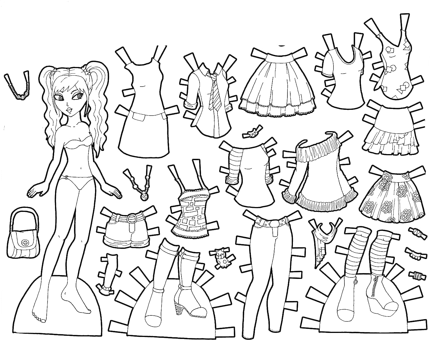 Раскраска Бумажная кукла с набором одежды, включая платья, юбки, майки, сапоги, балетки, колготки, головной убор и рюкзак.