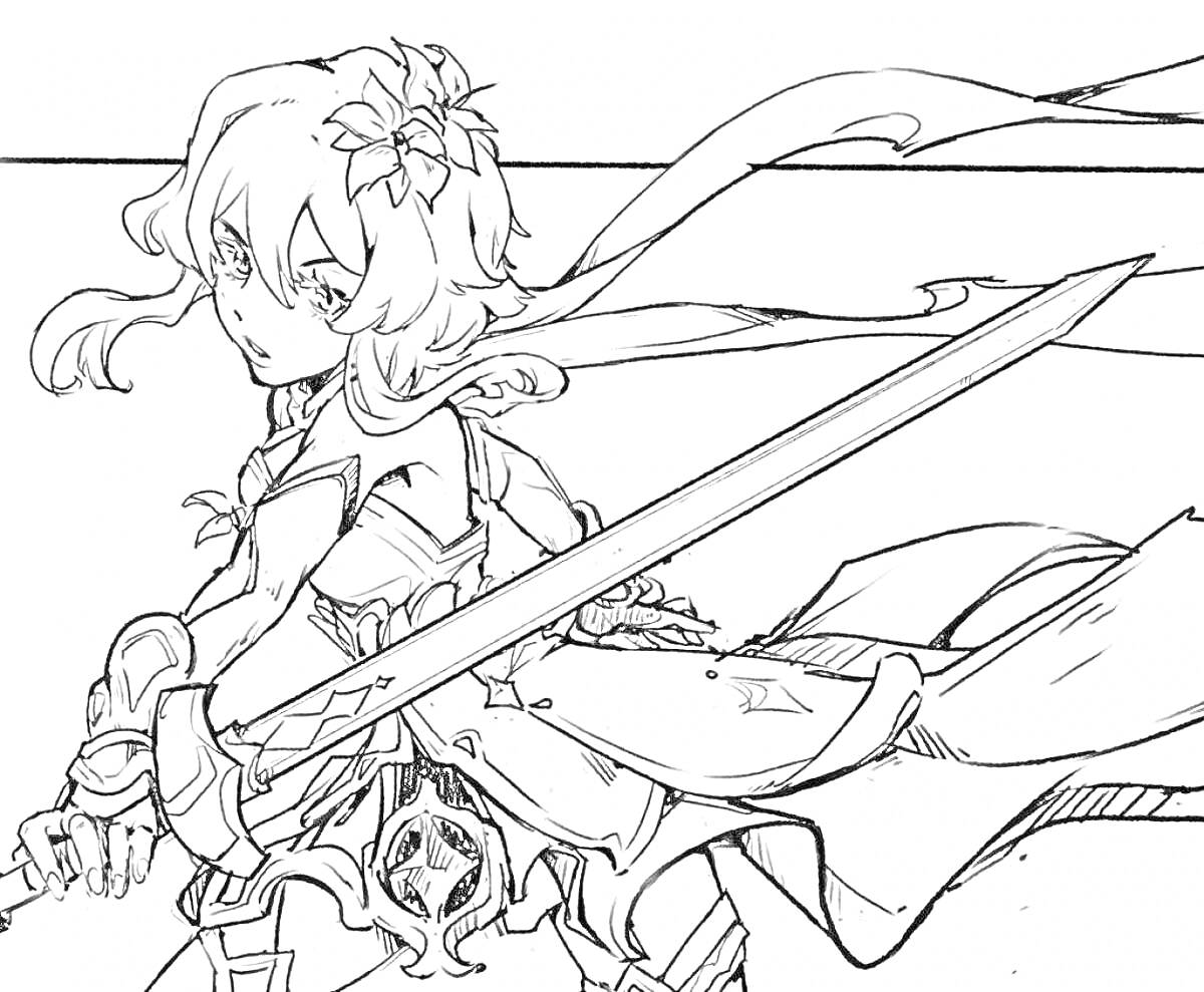 Раскраска Персонаж с цветком в волосах и мечом в позе атаки