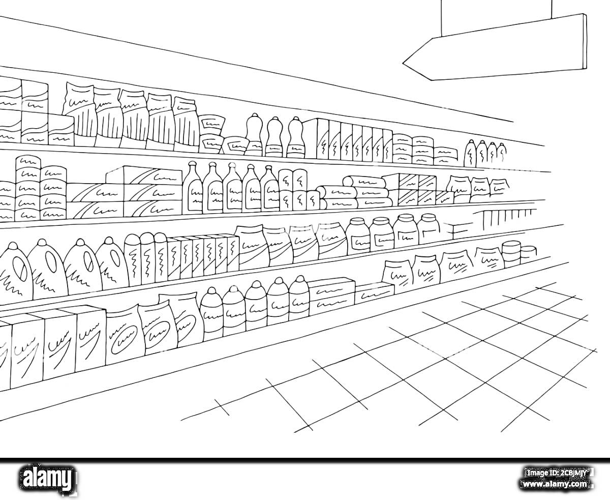 На раскраске изображено: Витрина магазина, Полки, Продукты, Магазин, Супермаркет