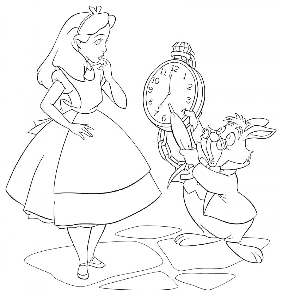 На раскраске изображено: Алиса, Часы, Кролик