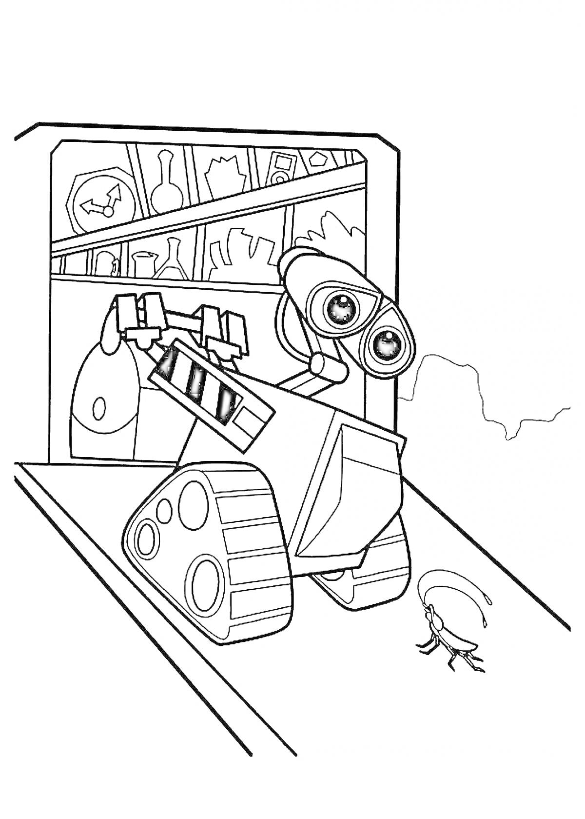 Раскраска Робот Валли с фонариком в помещении с полками и хранящимися предметами, рядом маленький робот