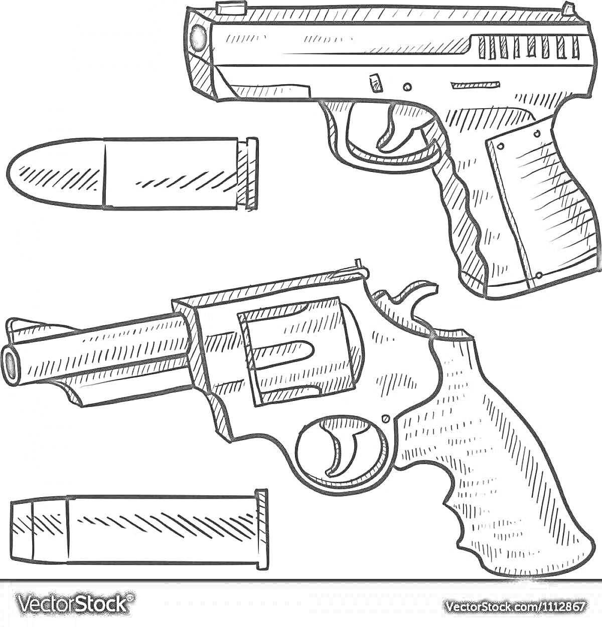 Раскраска Пистолет Макарова и револьвер с патронами