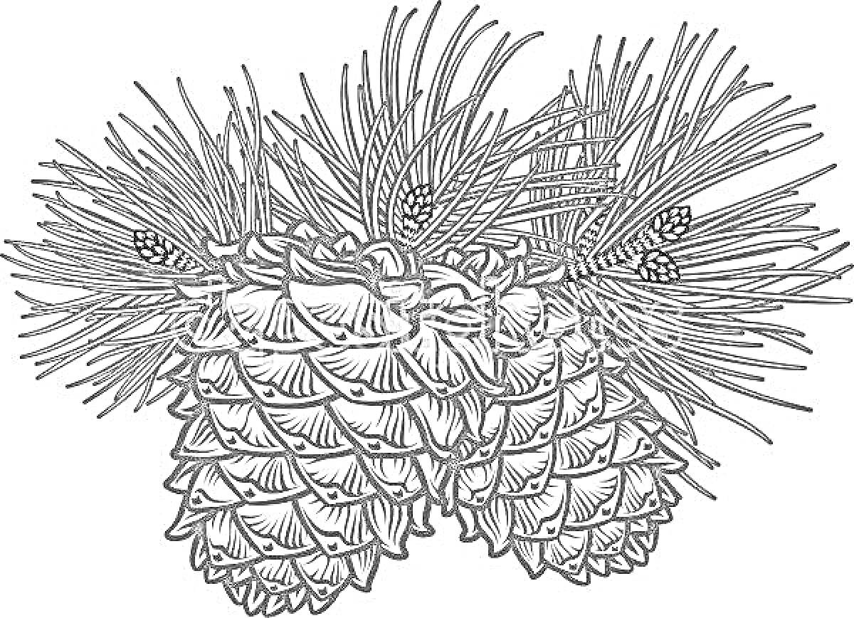 Раскраска Две сосновые шишки с хвоей
