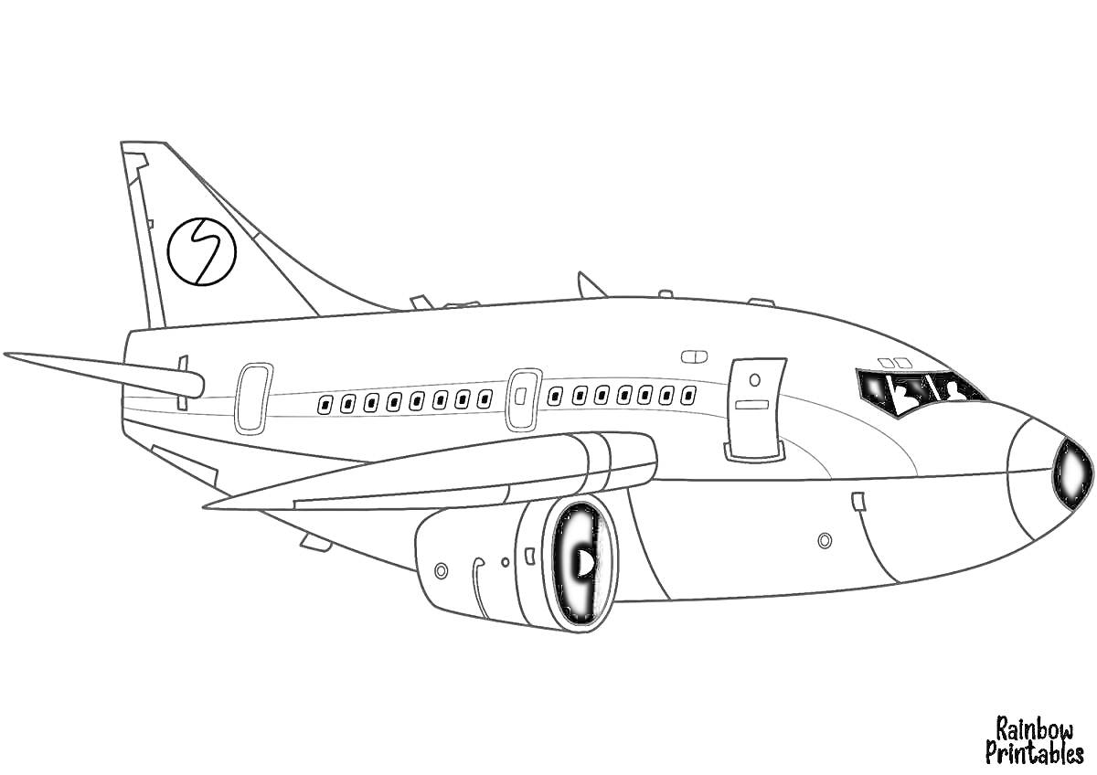На раскраске изображено: Авиалайнер, Пассажирский самолет, Авиация, Иллюминаторы, Хвост, Крылья, Мотор