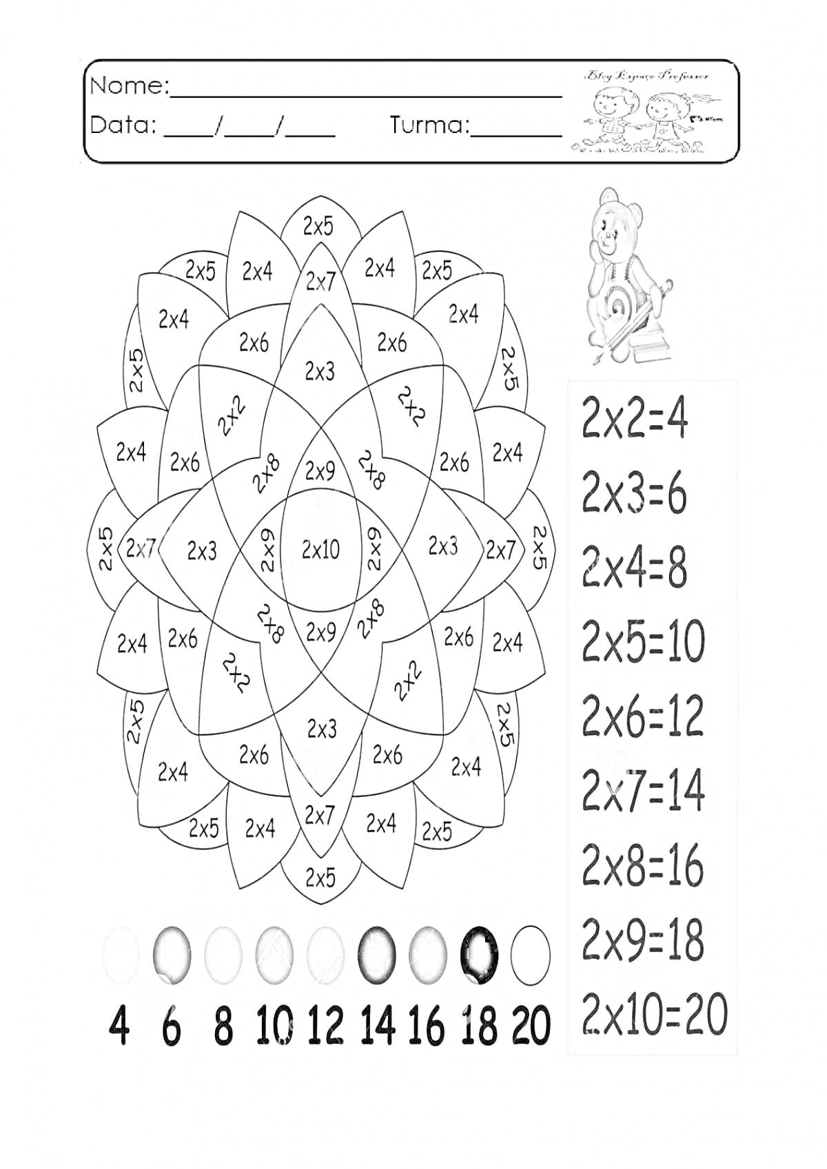 Раскраска Раскраска с математическими примерами на умножение на 2 в виде цветка, таблица умножения, диапазон примеров от 2x2 до 2x10, цветовые обозначения