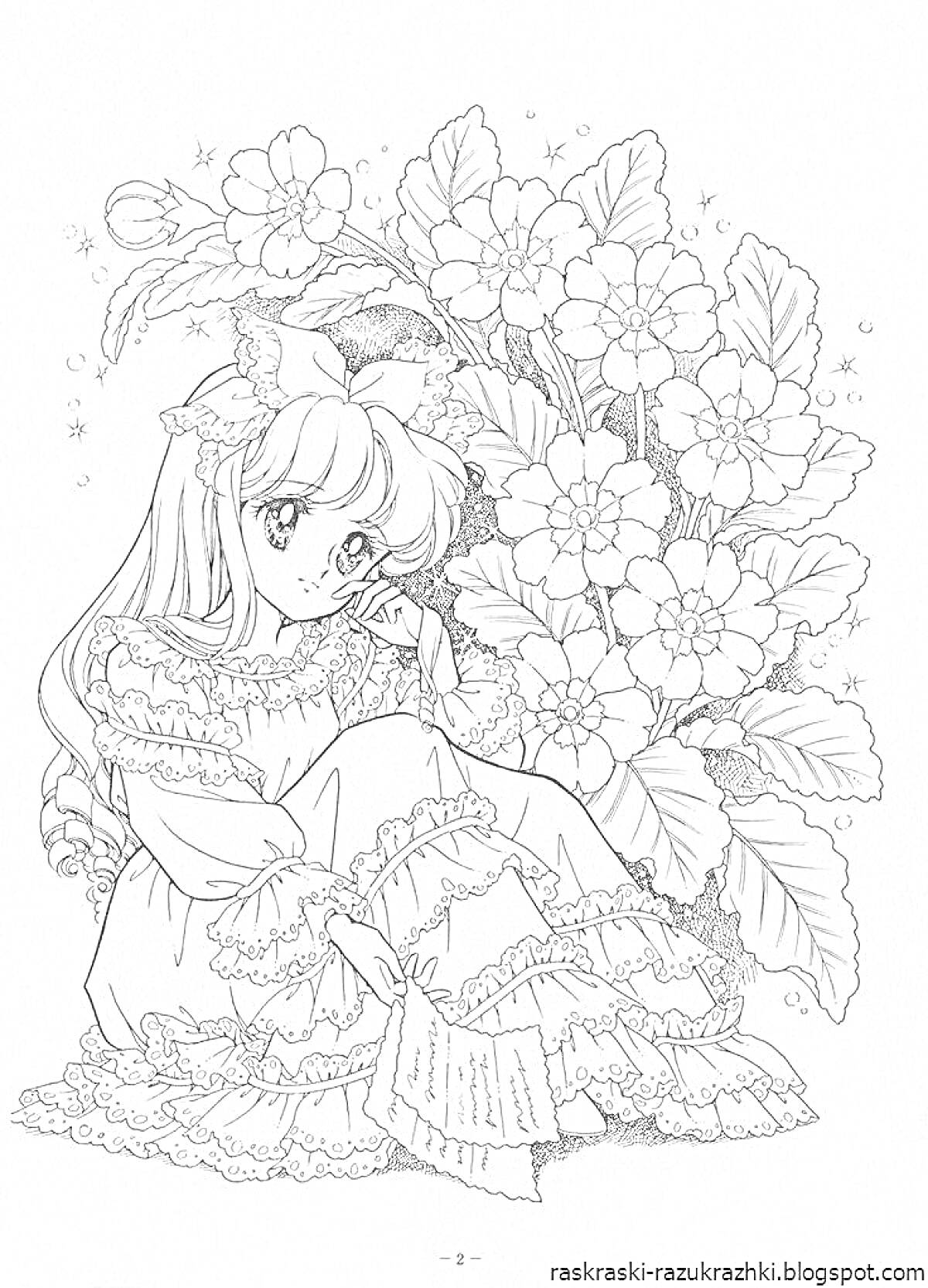 Раскраска Девушка в платье с рюшами на фоне цветущих растений