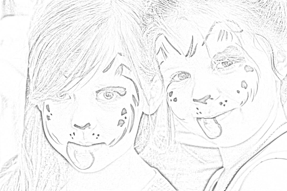 Раскраска Две девочки с раскраской на лице в виде щенков, показывают языки