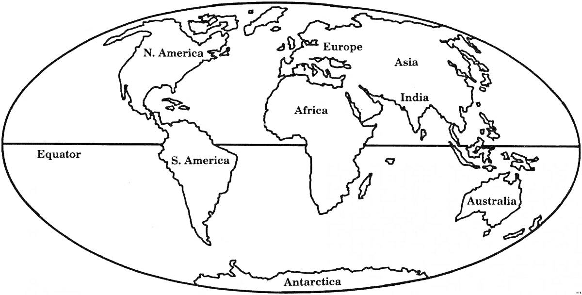 Раскраска Мировая карта с названиями континентов: N. America, S. America, Europe, Asia, Africa, India, Australia, Antarctica, также обозначена линия экватора