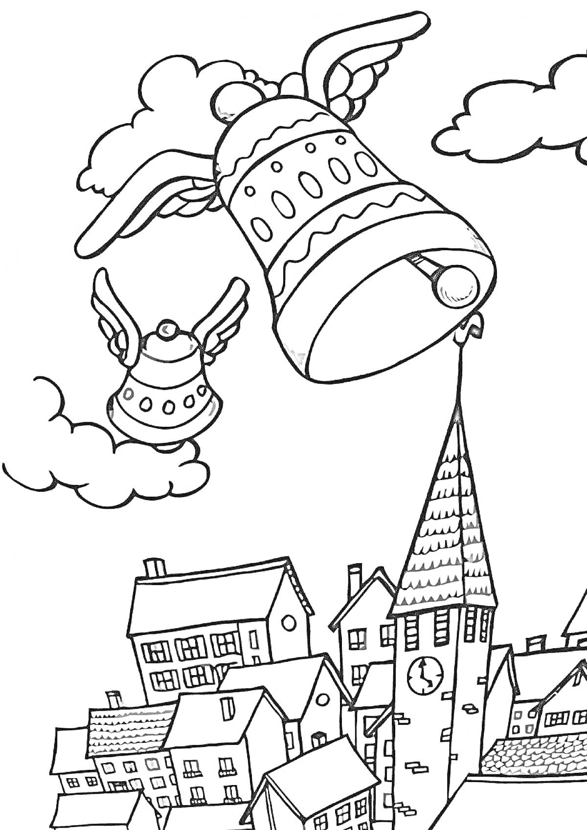 Раскраска Летающие колокола над городом
