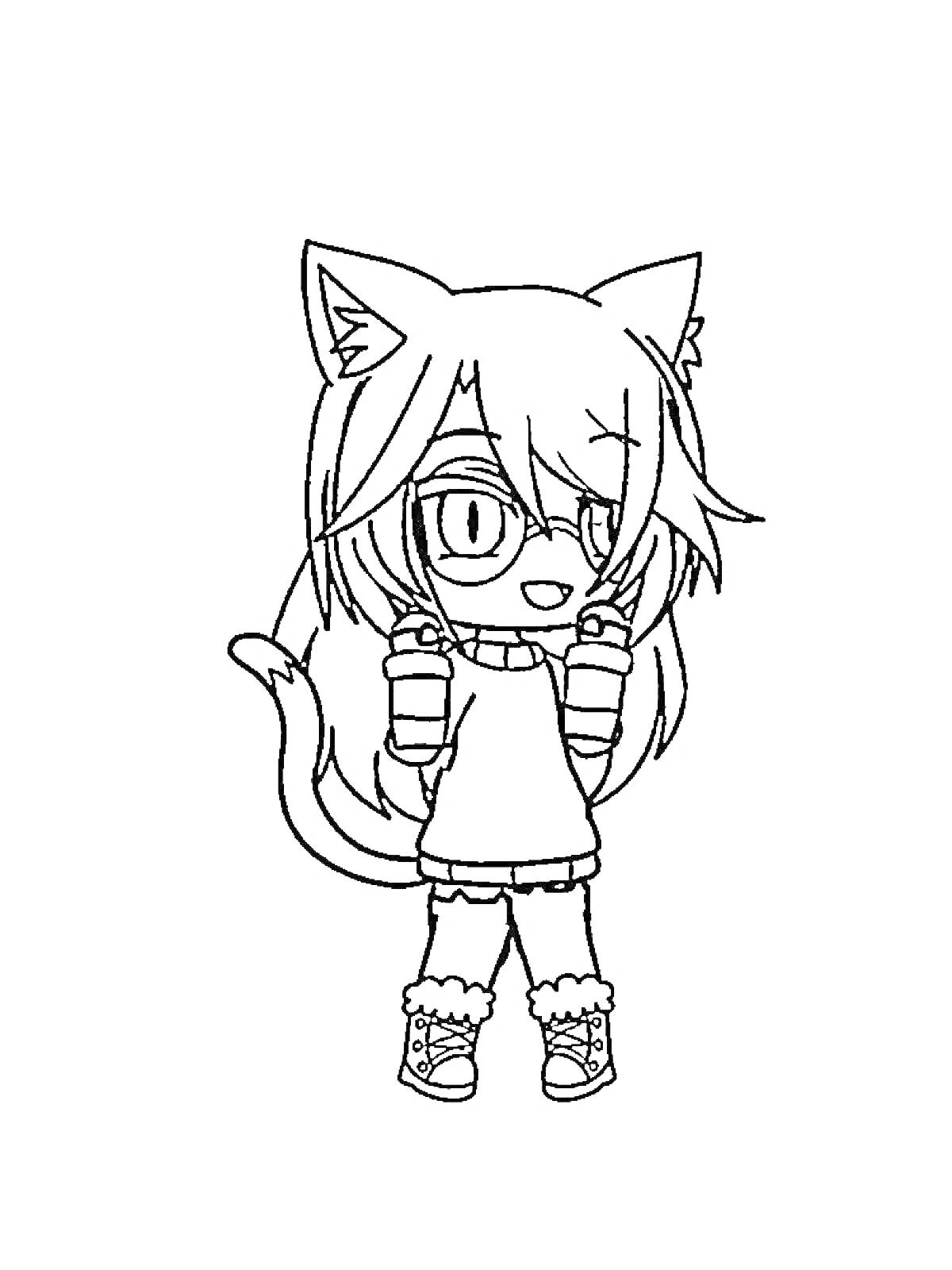 Раскраска Девочка с кошачьими ушками и хвостом в очках и кофте с шарфом