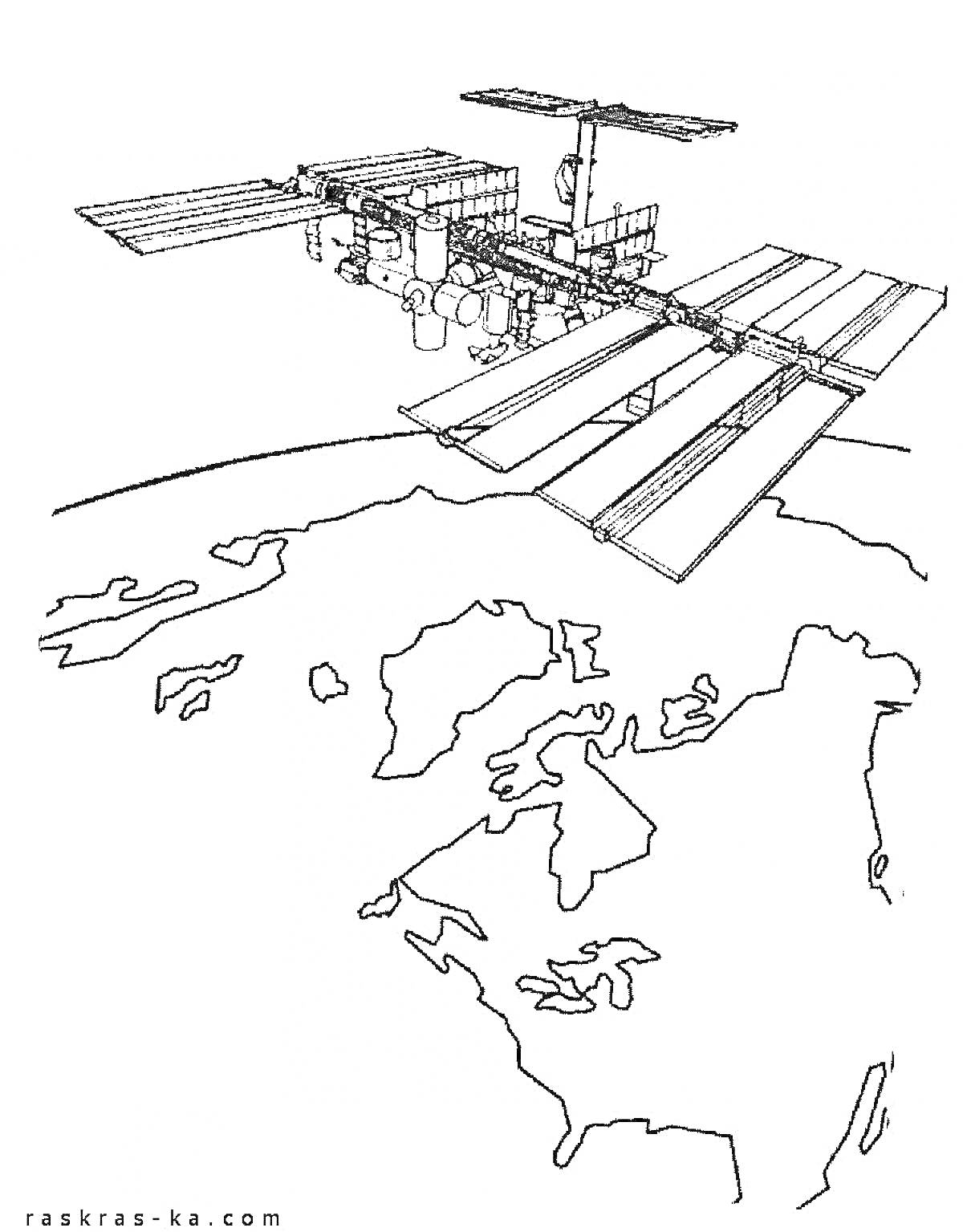 Раскраска Международная космическая станция (МКС) на орбите Земли, изображение континентов на планете