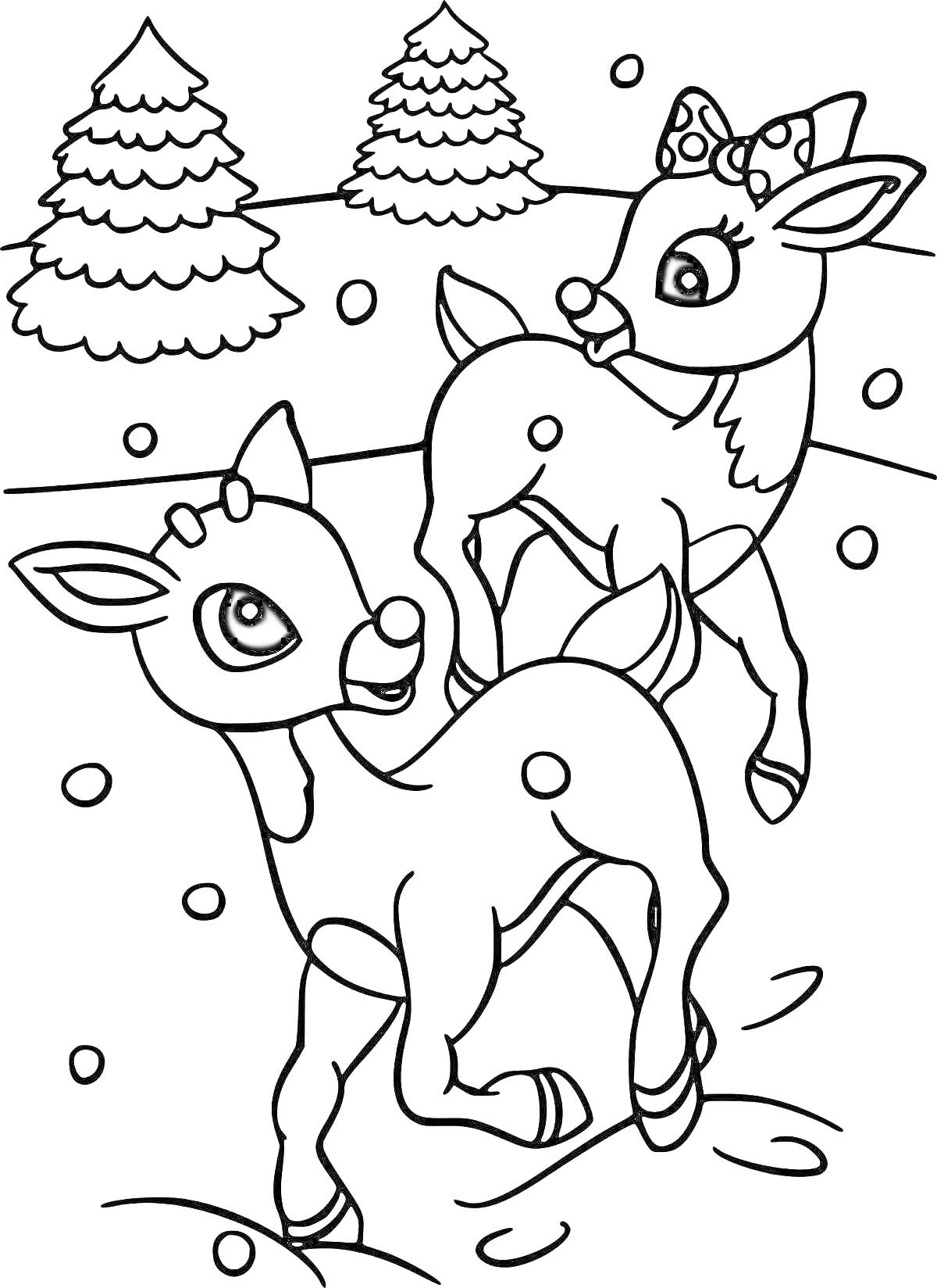 Раскраска Два олененка на фоне елок и снежинок
