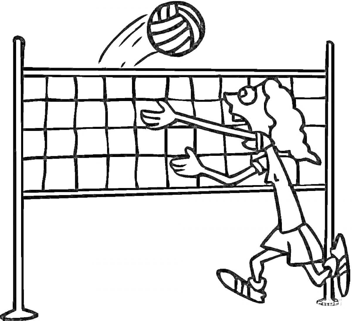 Раскраска Девочка играет в волейбол, мяч над сеткой