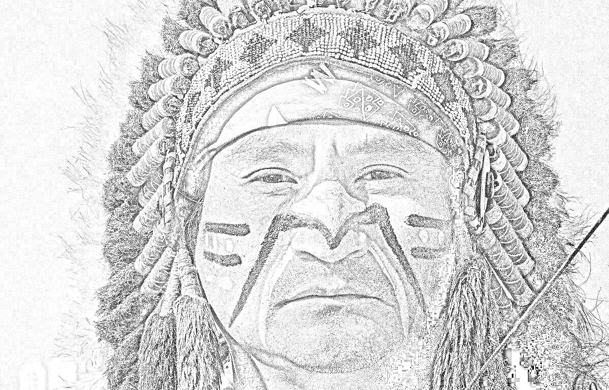 Раскраска Воин-индейец, в традиционном головном уборе из перьев, боевой раскраской на лице