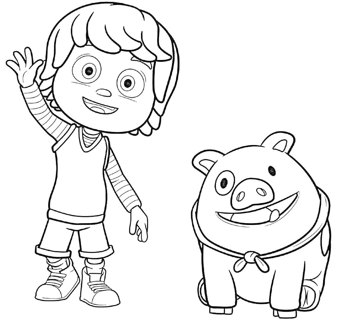 Мальчик в полосатой футболке и шортах с рукой вверх, рядом веселая свинка с повязкой на шее