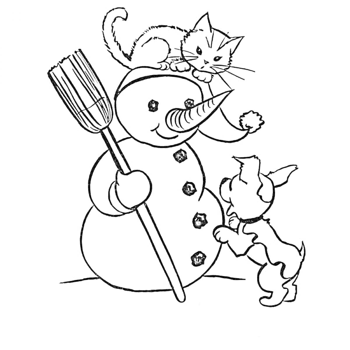Раскраска Котик на снеговике с собакой