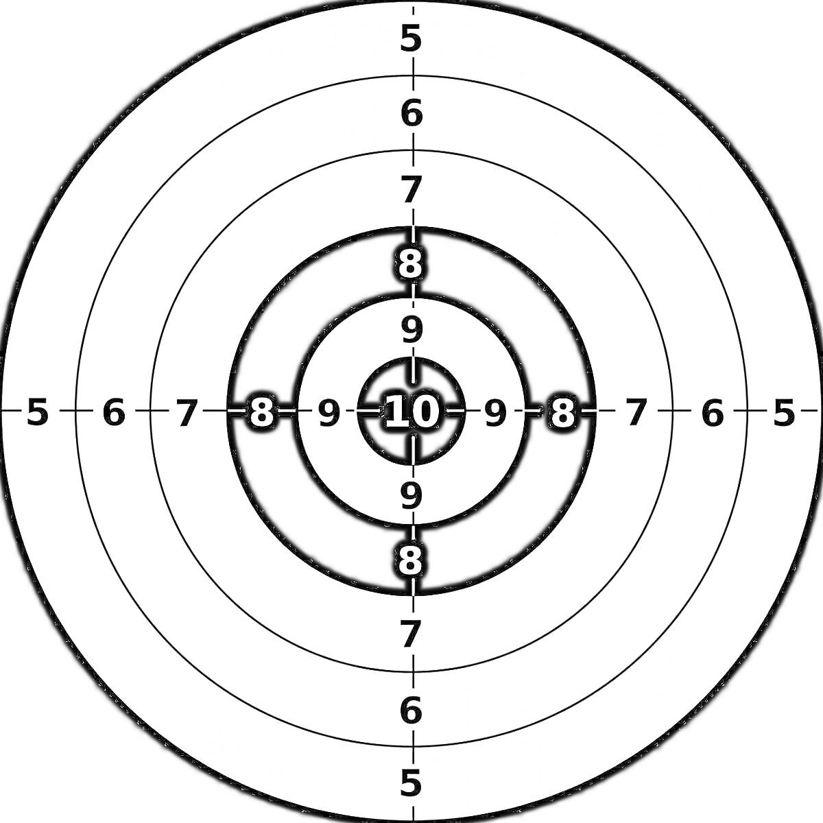 Раскраска мишень с кругами и цифрами от 5 до 10