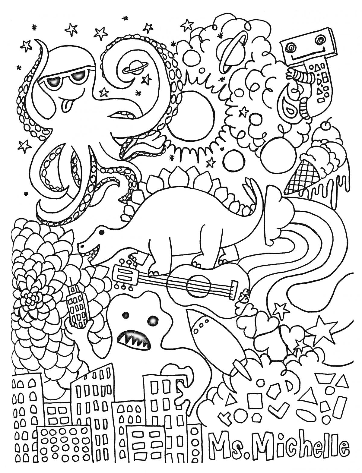 Раскраска Октопус с очками, динозавр с гитарой, город с цветами, призрак, ракета, лед, радуга, звезды, робот и кекс