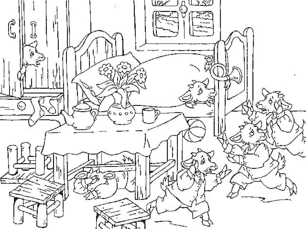 На раскраске изображено: Семеро козлят, Дом, Чашки, Дверь, Ключ, Стол, Шкаф, Цветок в горшке