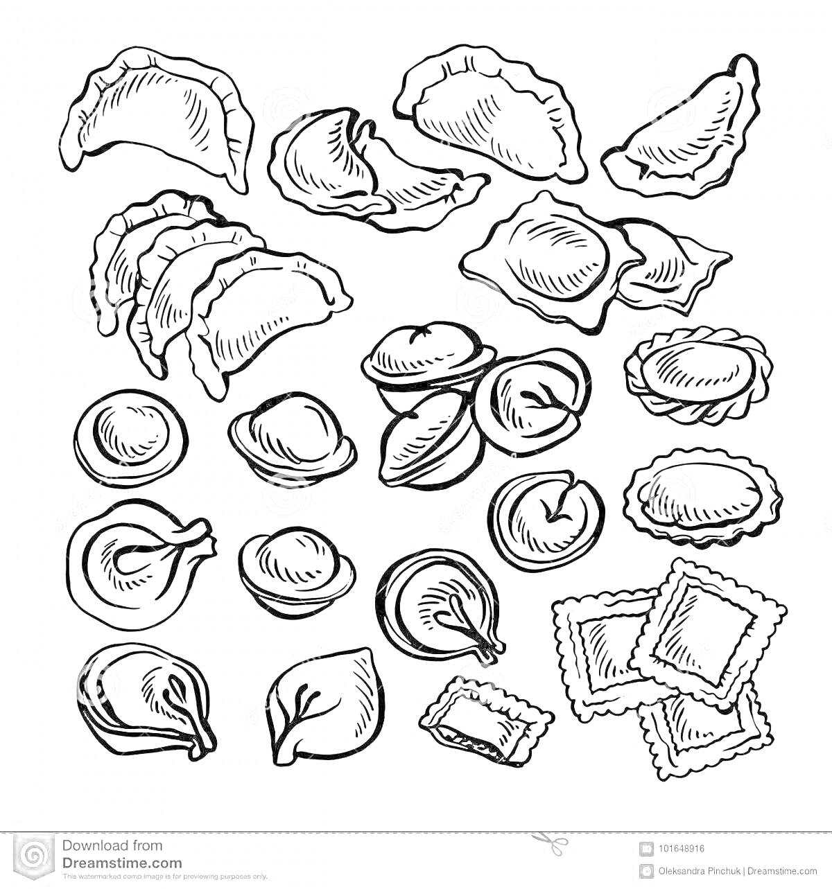 На раскраске изображено: Вареники, Пельмени, Равиоли, Еда, Кухня