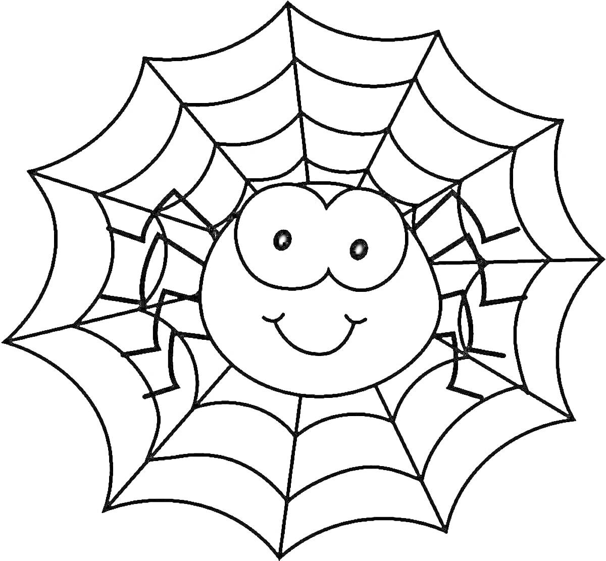 РаскраскаПаутина с улыбающимся пауком