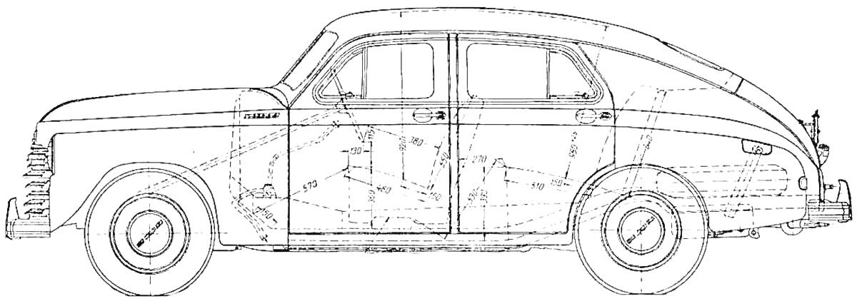 Раскраска Чертеж автомобиля Победа ГАЗ-М20 с четырьмя дверями и деталями кузова