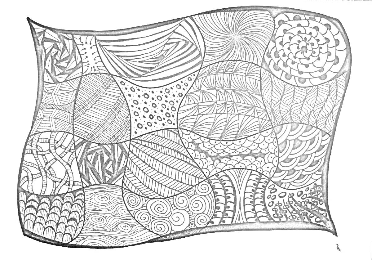 Раскраска Зентангловая раскраска: спирали, линии, круги, сетка, пузыри, узоры листьев, волны, плетение