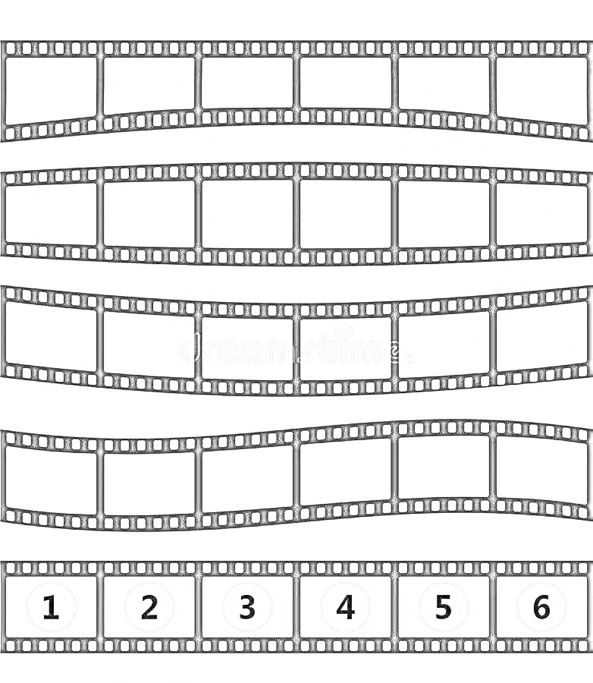 Раскраска Пять сегментов фотопленки с волнистыми краями и один прямой сегмент с номерами от 1 до 6