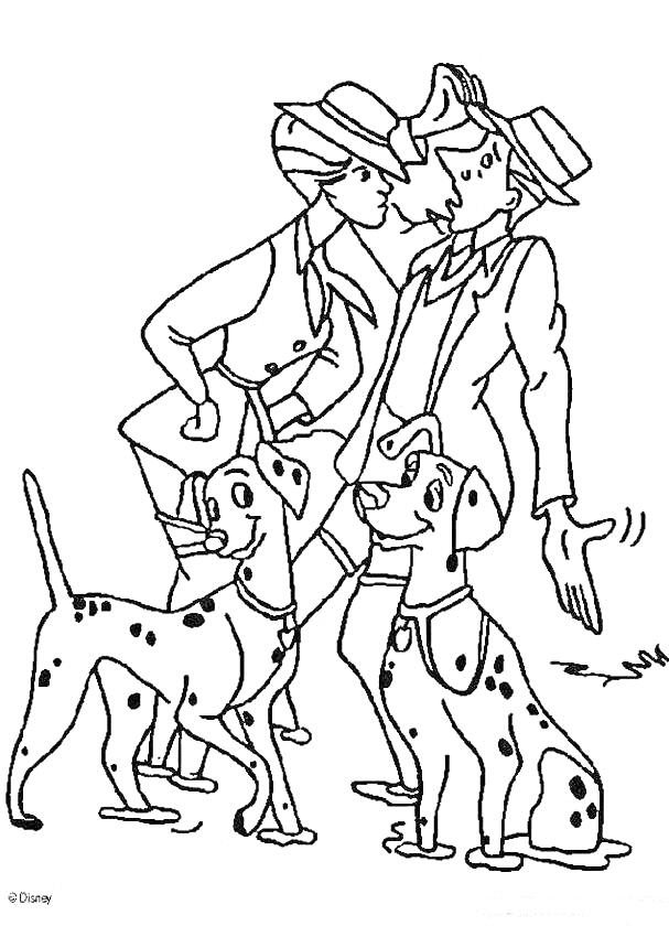 На раскраске изображено: 101 далматинец, Далматинцы, Два человека, Из мультфильмов, Собака, Шляпа, Животные