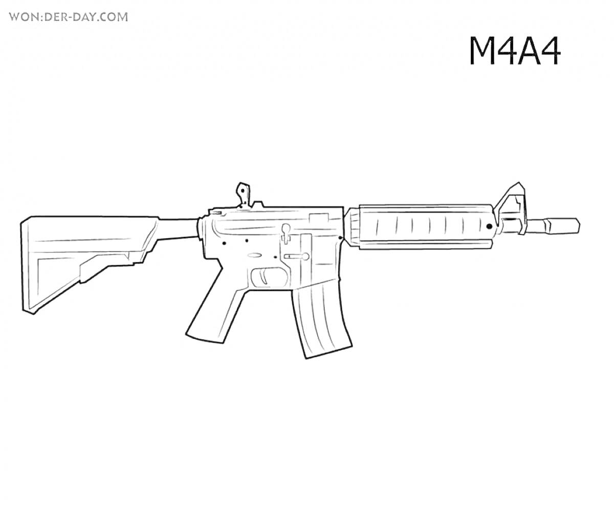 На раскраске изображено: Винтовка, M4A1, Оружие, Приклад, Корпус, Магазин, Военная техника