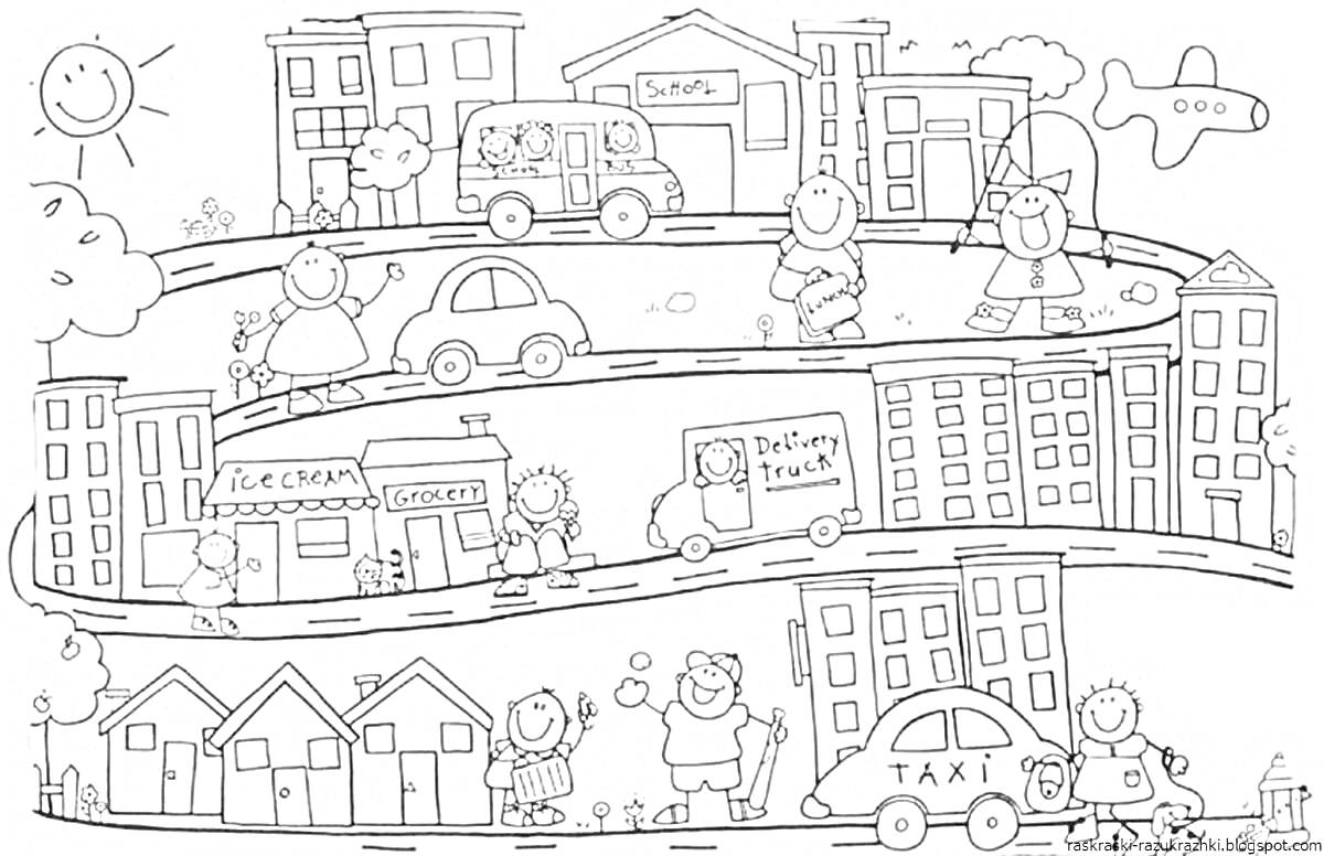 Раскраска Веселый город для детей с автобусом, машиной, самолетом, такси, магазином мороженого, домами, деревьями, людьми и солнцем