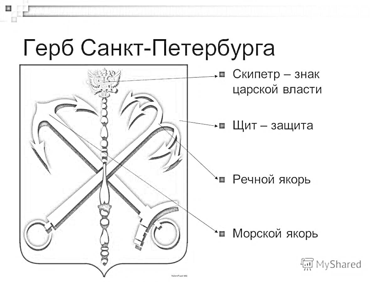 Раскраска Герб Санкт-Петербурга c скипетром, щитом, речным якорем и морским якорем