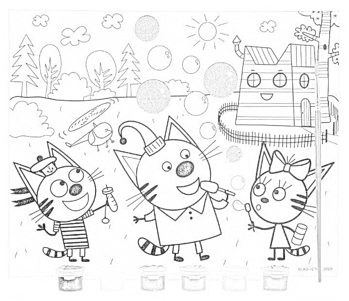 На раскраске изображено: Три кота, Мороженое, Мыльные пузыри, Лес, Домик, Облака, Деревья