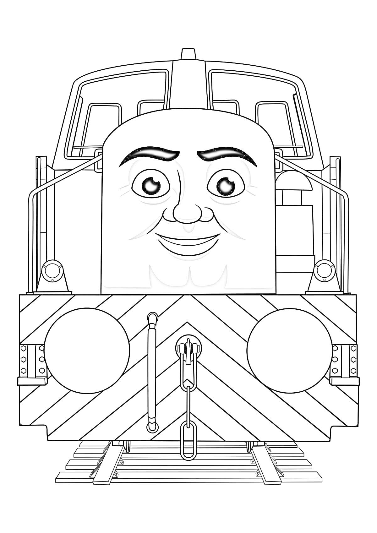 Раскраска Томас паровозик с лицом паука перед рельсами
