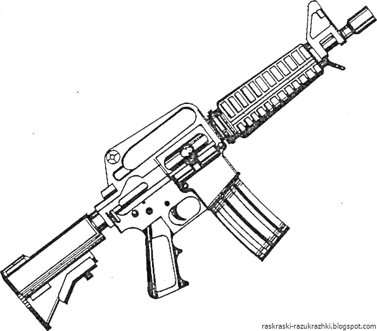 На раскраске изображено: Оружие, Приклад, Магазин, Рукоятка, Огнестрельное оружие, Винтовка
