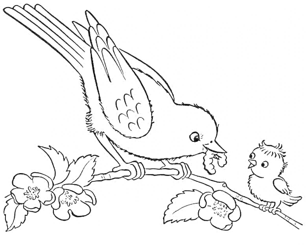 Раскраска Два воробья на ветке с цветами, взрослый воробей кормит птенца