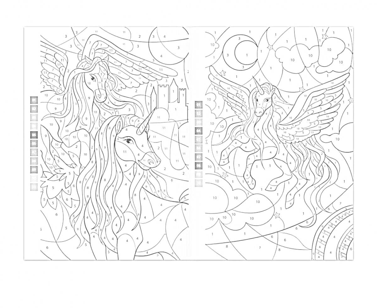 Раскраска Картина по номерам - Летающие единороги и замок на фоне ночного неба с облаками и луной