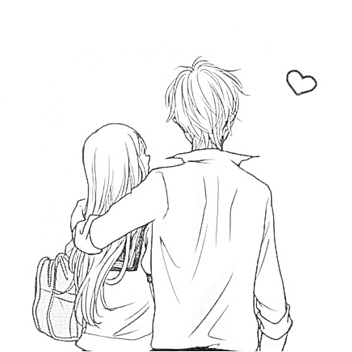 Раскраска Пара с рюкзаком, обнимающаяся и смотрящая вдаль, нарисованное сердечко