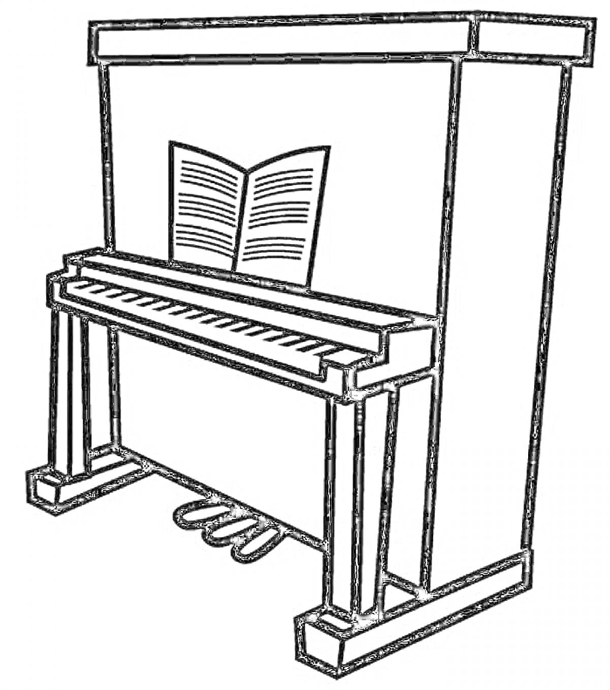 Раскраска Пианино с нотной книжкой и педалями