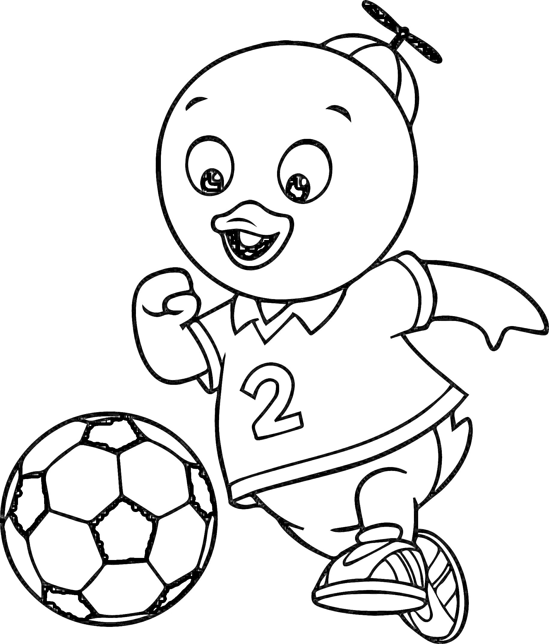 Раскраска мультяшный утенок в майке с номером 2 бежит с футбольным мячом