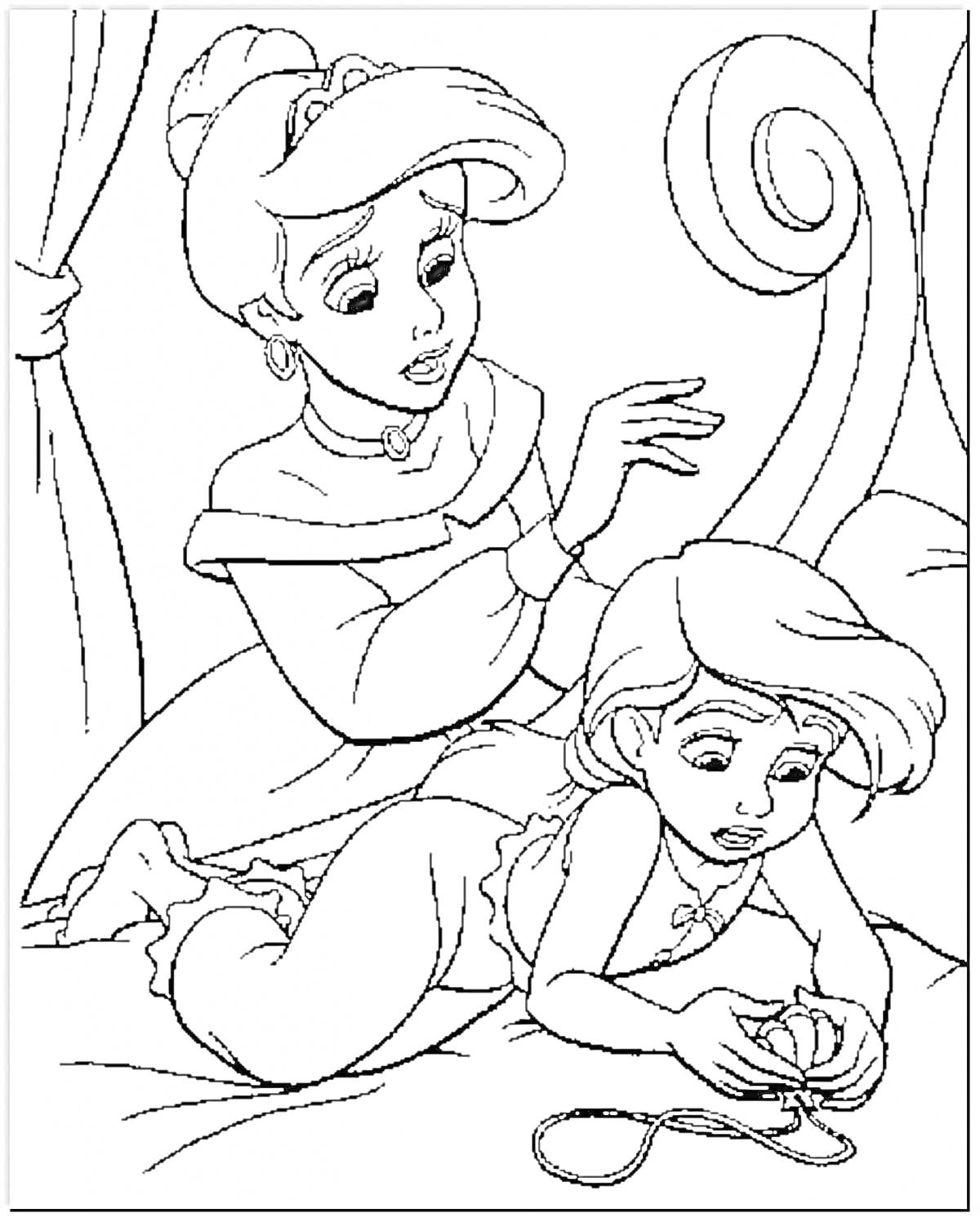 Раскраска Две принцессы в комнате: одна сидит на кровати и показывает музыкальную шкатулку другой, лежащей на кровати