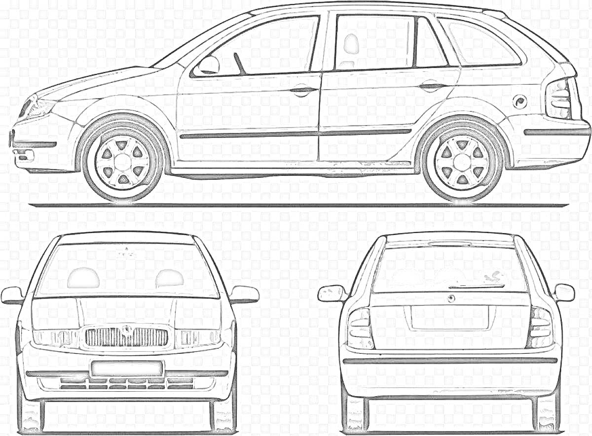 Раскраска Раскраска автомобиля Шкода с видами сбоку, спереди и сзади