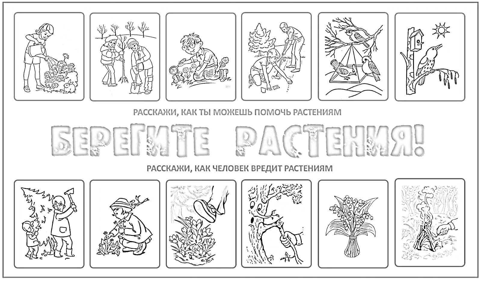 Раскраска берегите растения: поливать цветы, ухаживать за деревьями, сажать растения, уничтожать сорняки, собирать урожай, бросать мусор, ломать деревья, вытаптывать цветы, рвать цветы, вырубать леса