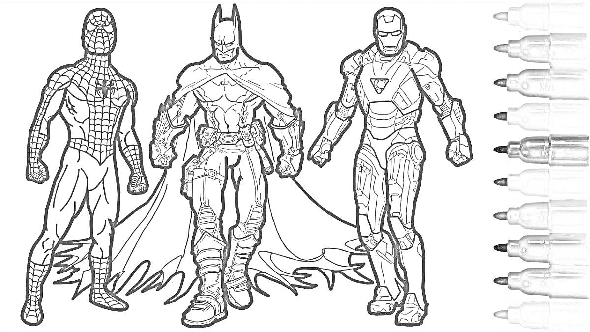 На раскраске изображено: Супергерои, Человек-Паук, Бэтмен, Железный человек, Маркеры, Творчество, Для детей