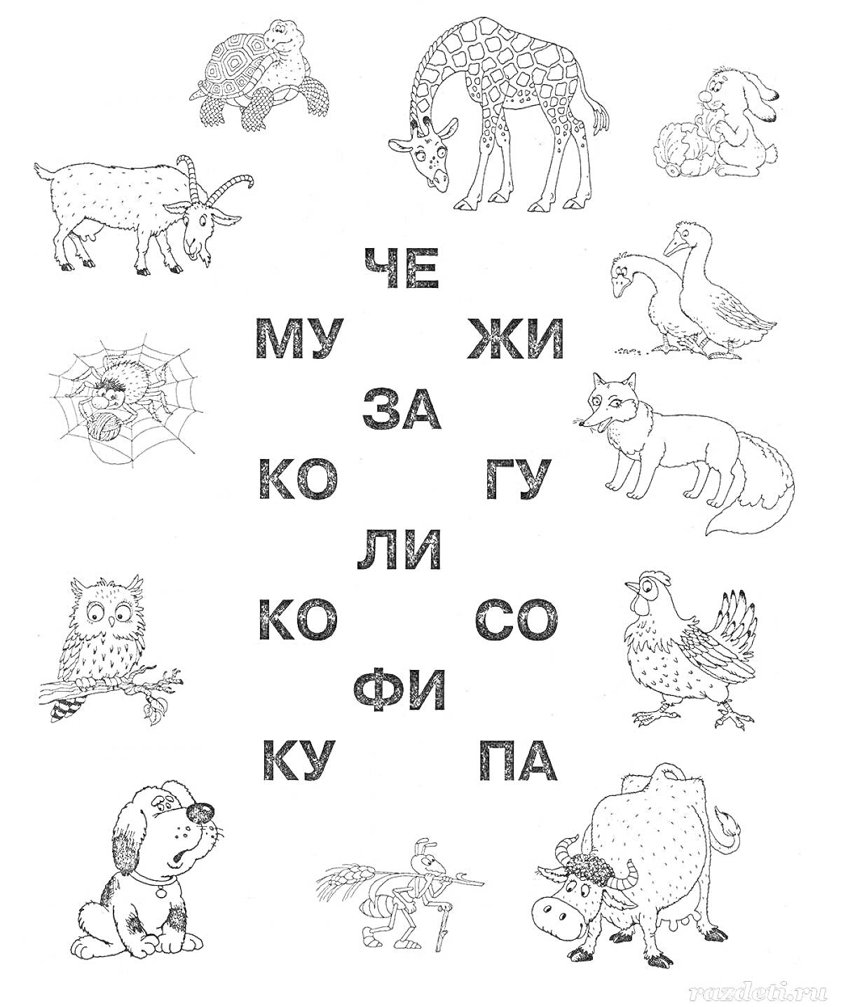 На раскраске изображено: Животные, Обучение, Слова, Слоги, Медведь, Страус, Бык, Сова