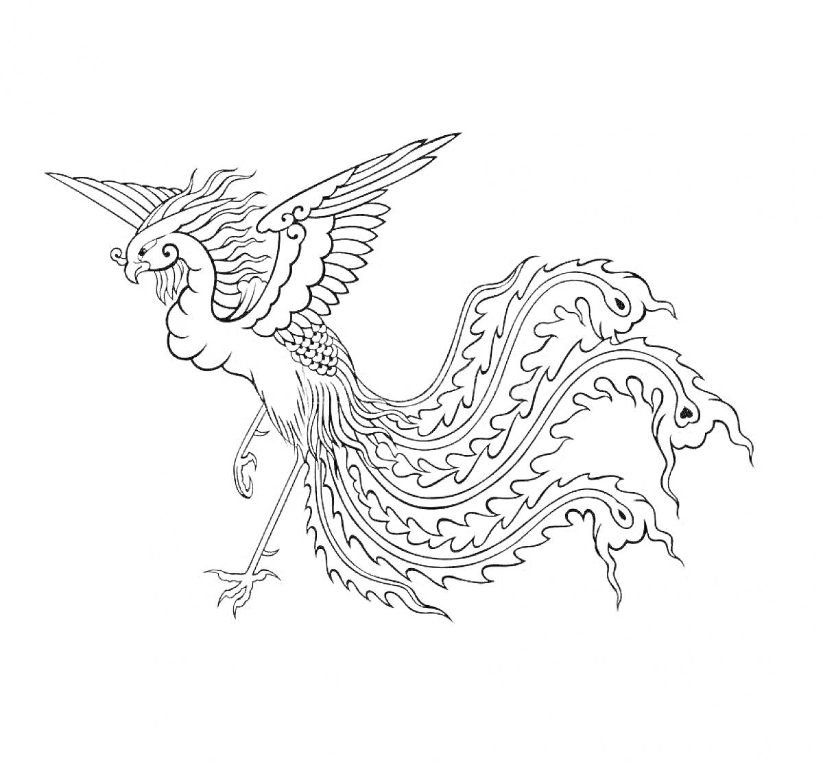 На раскраске изображено: Феникс, Птица, Огонь, Крылья, Хвост, Узоры, Мифические существа